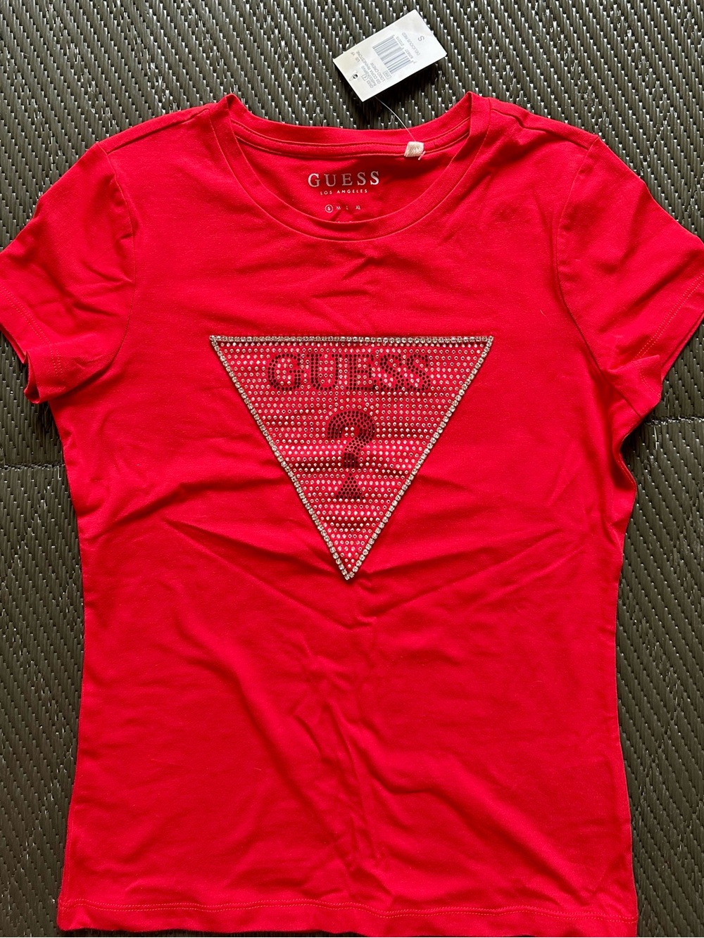 GUESS Los Angeles Red Crystal Rhinestone Logo Tee Glam NWT Women’s Small